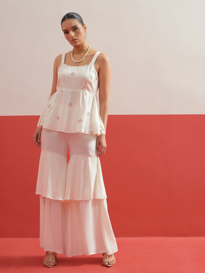 Women White Embroidered Top With Layered Sharara Pants