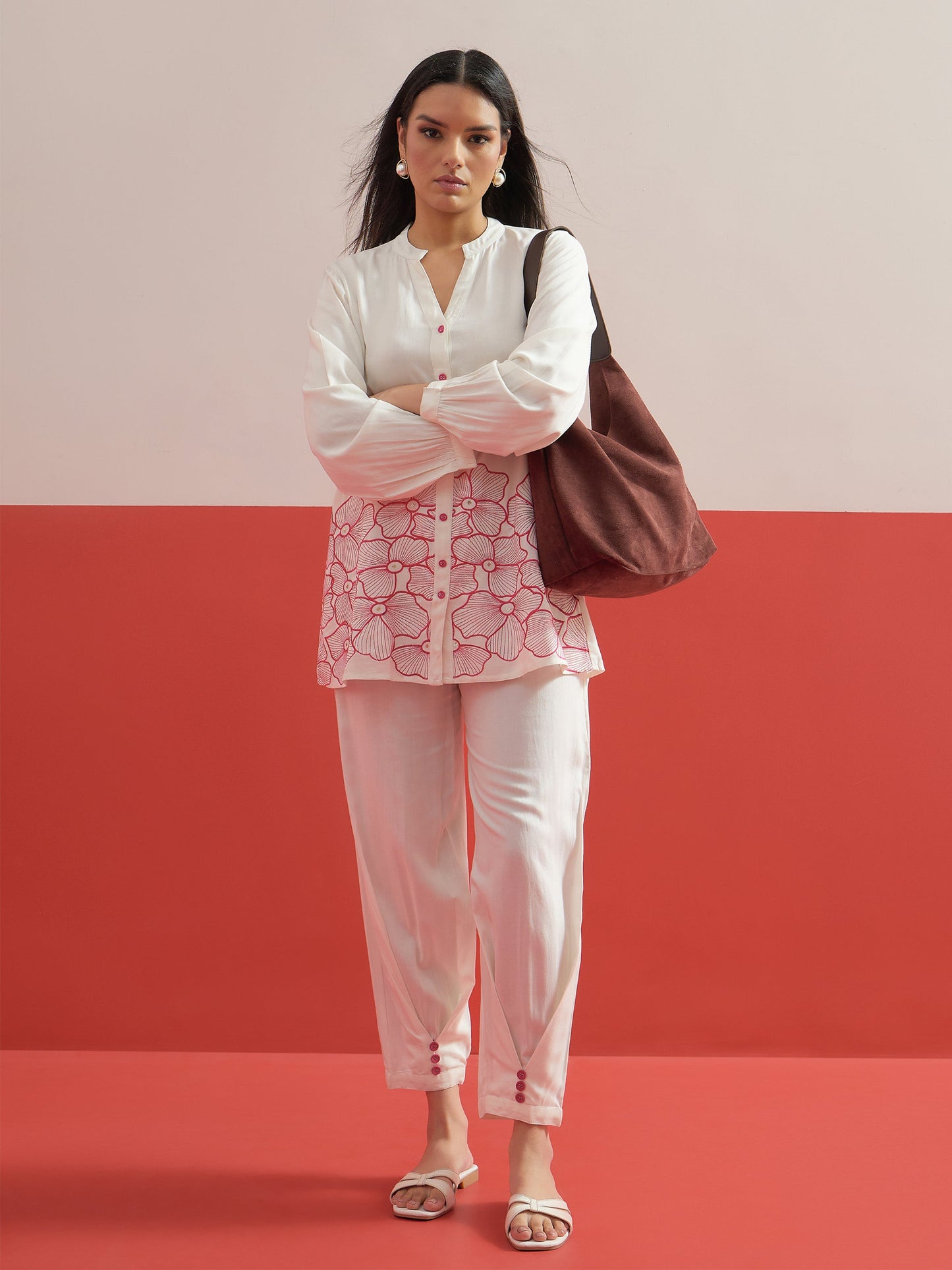 Women White Hem Embroidered Shirt With Pleated Pants