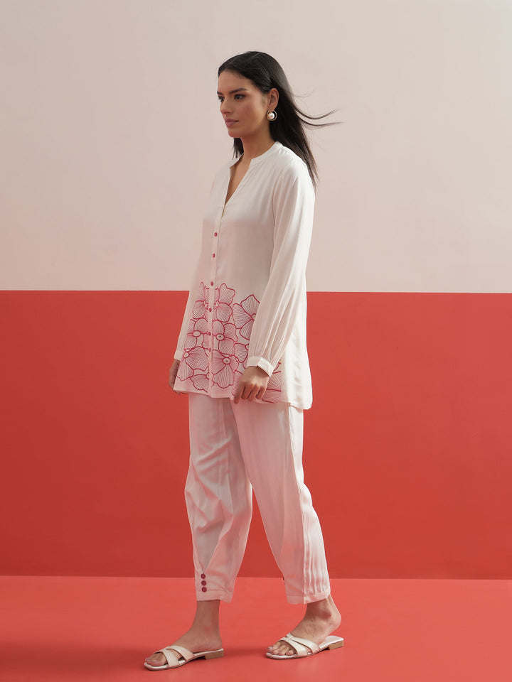 Women White Hem Embroidered Shirt With Pleated Pants