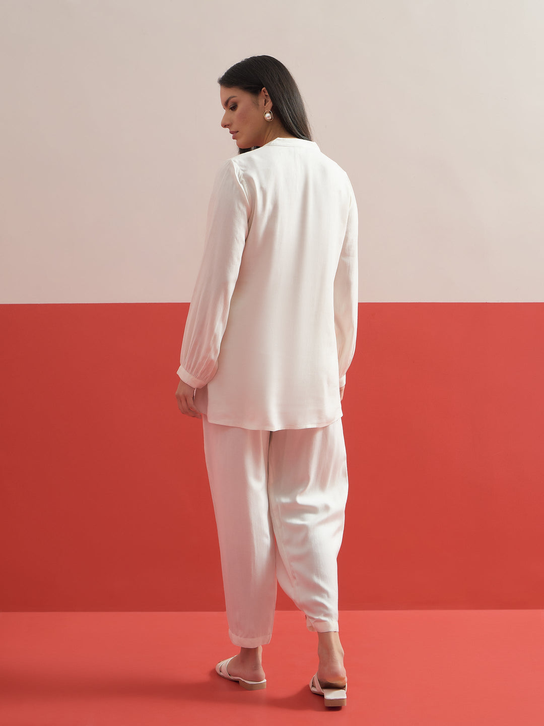 Women White Hem Embroidered Shirt With Pleated Pants
