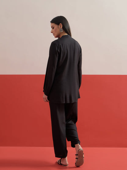 Women Black Hem Embroidered Shirt With Pleated Pants