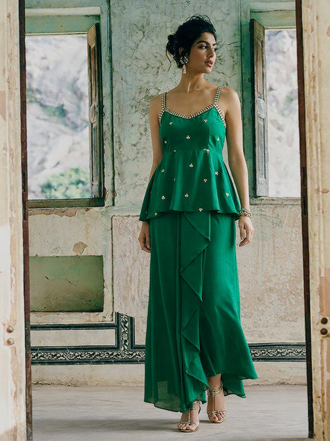 Women Green Embroidered Strappy Top With Dhoti Skirt