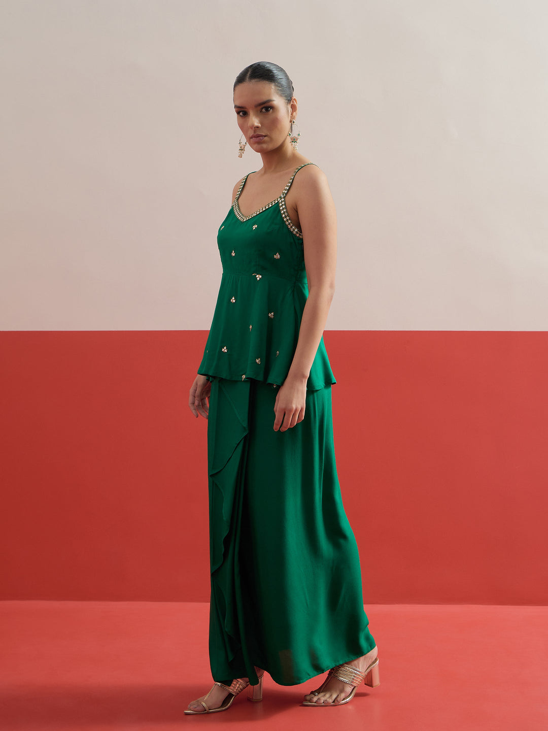 Women Green Embroidered Strappy Top With Dhoti Skirt