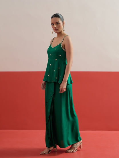 Women Green Embroidered Strappy Top With Dhoti Skirt