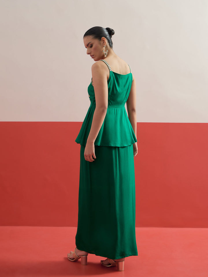 Women Green Embroidered Strappy Top With Dhoti Skirt