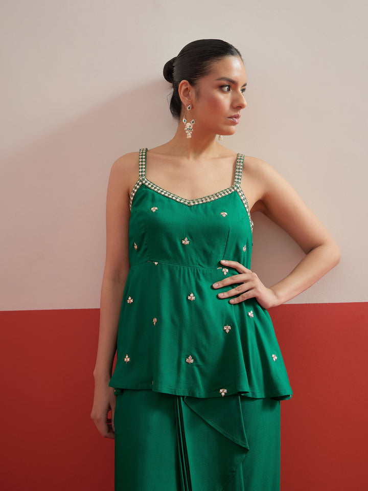 Women Green Embroidered Strappy Top With Dhoti Skirt