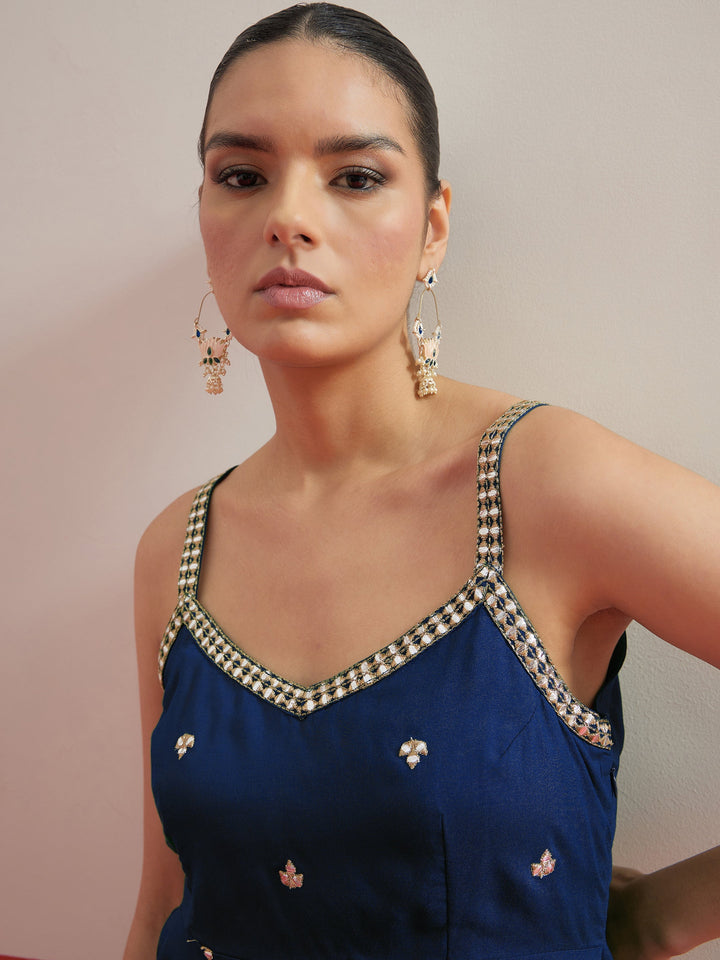 Women Navy Embroidered Strappy Top With Dhoti Skirt