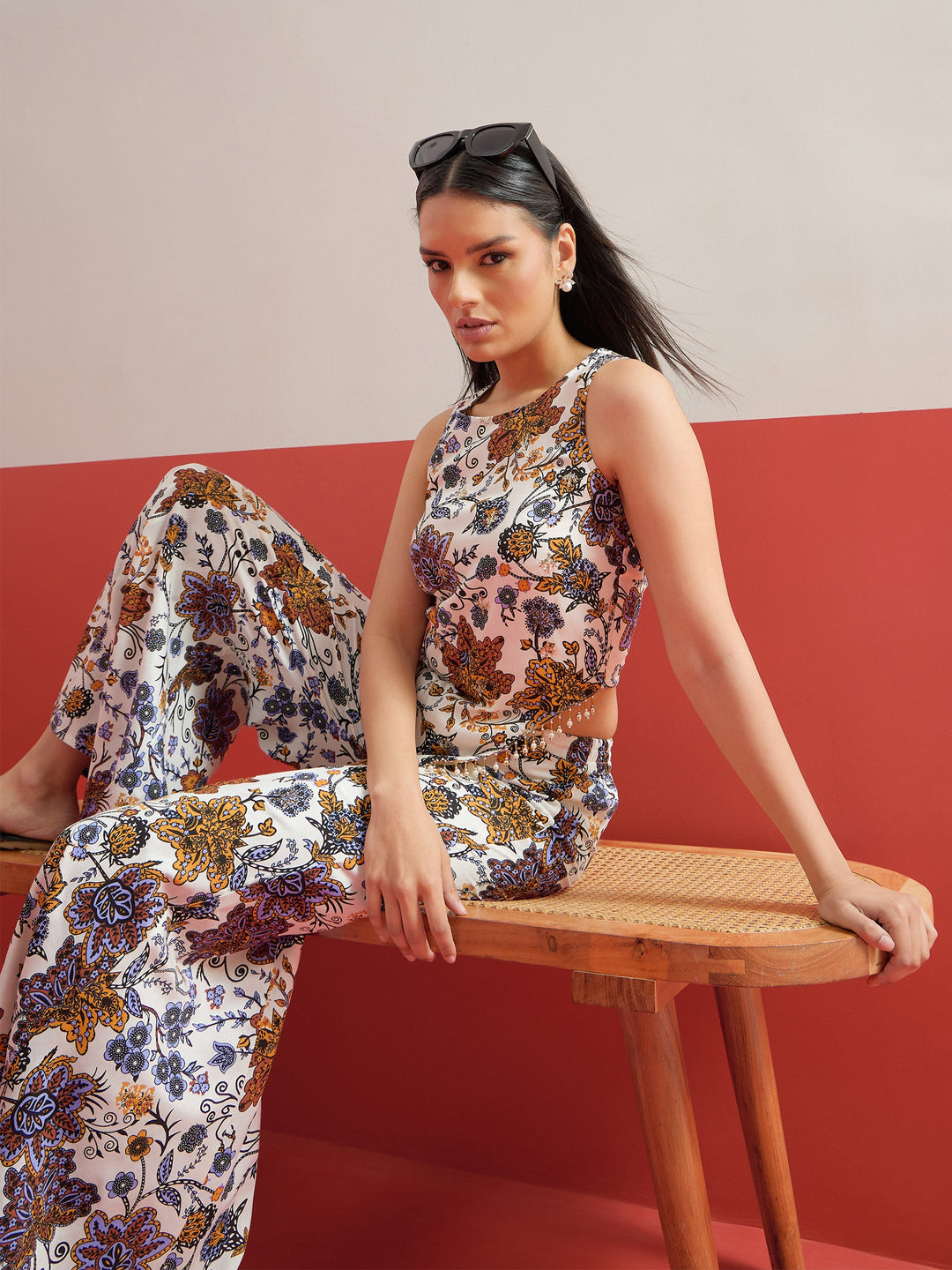 Women White Multi Floral Sleeveless Top With Palazzos
