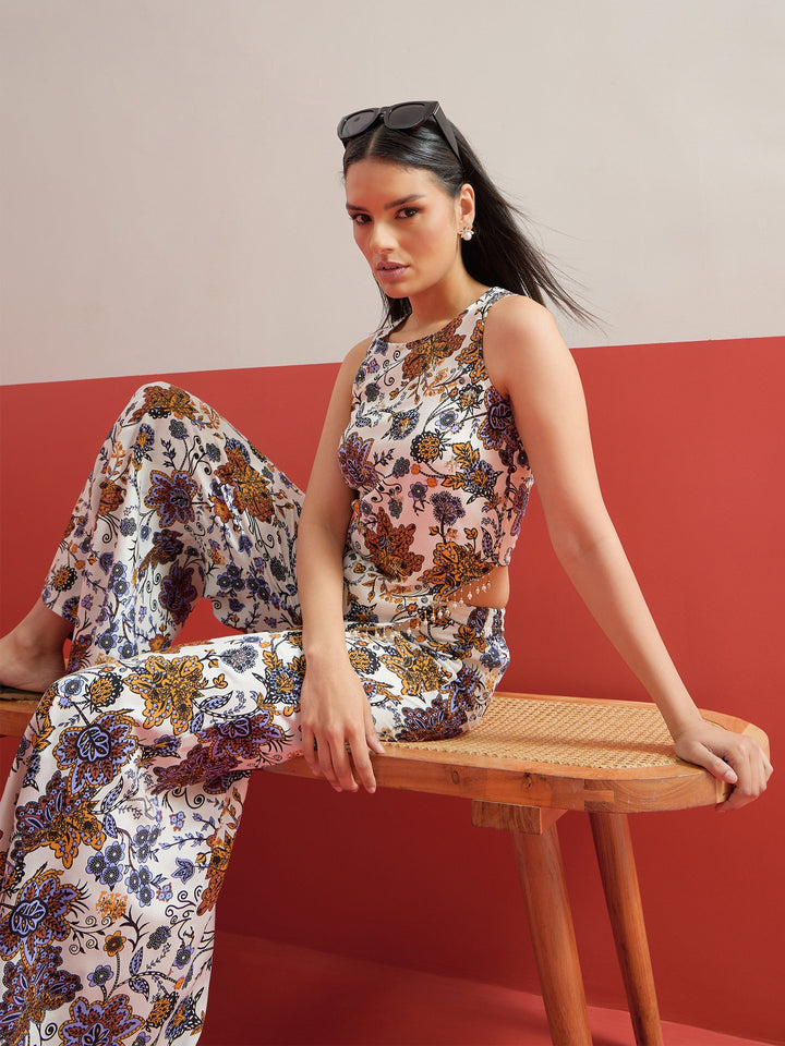 Women White Multi Floral Sleeveless Top With Palazzos
