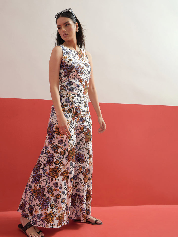 Women White Multi Floral Sleeveless Top With Palazzos