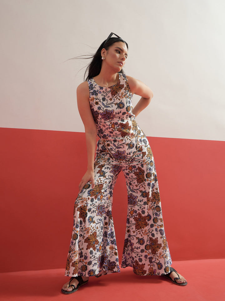 Women White Multi Floral Sleeveless Top With Palazzos