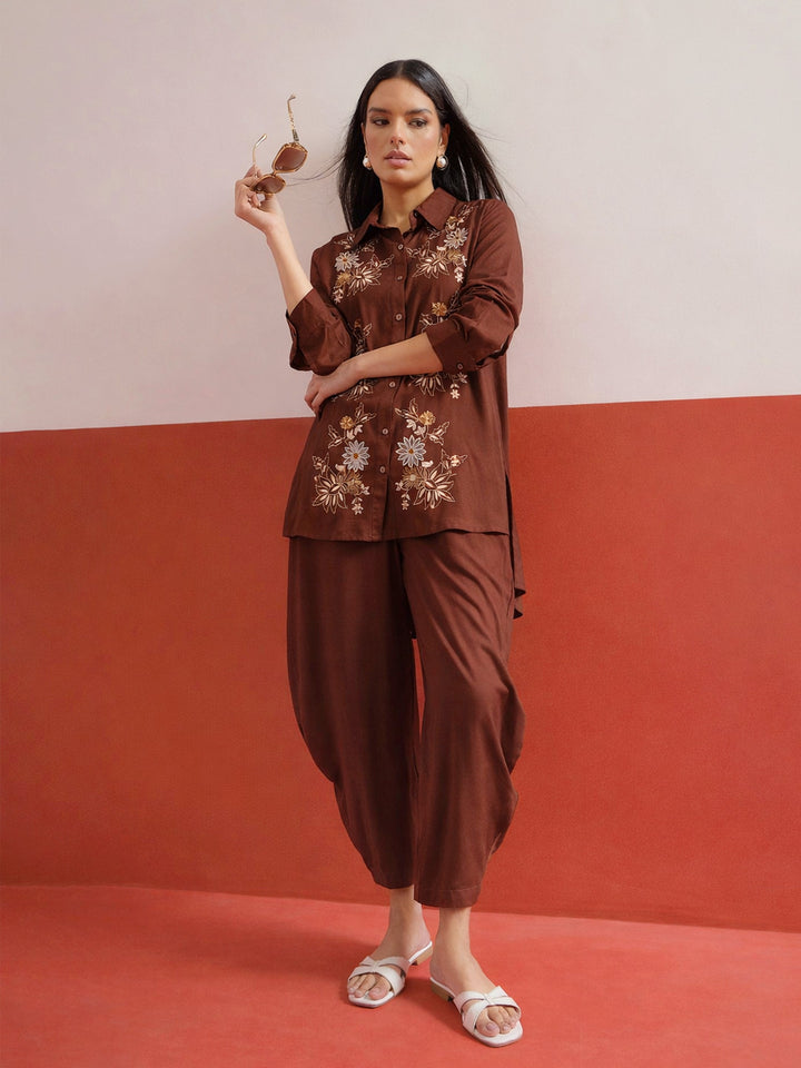 Women Brown Embroidered Hi-Low Shirt With Balloon Pants
