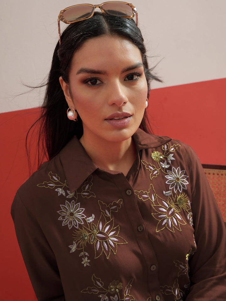 Women Brown Embroidered Hi-Low Shirt With Balloon Pants