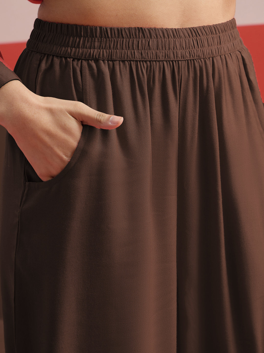 Women Brown Embroidered Hi-Low Shirt With Balloon Pants