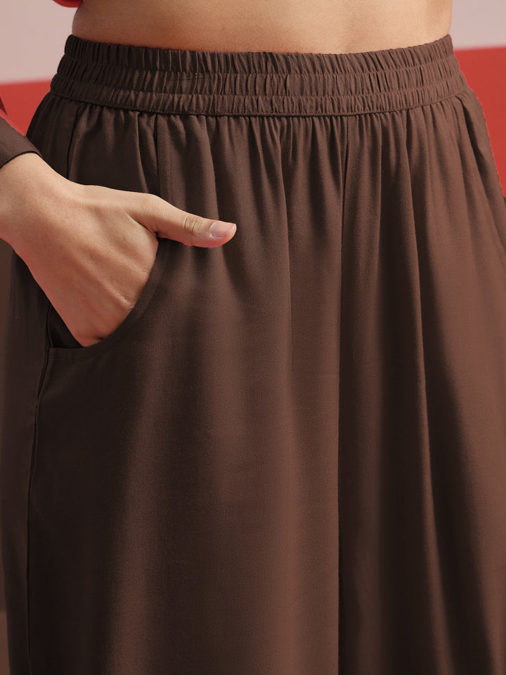 Women Brown Embroidered Hi-Low Shirt With Balloon Pants