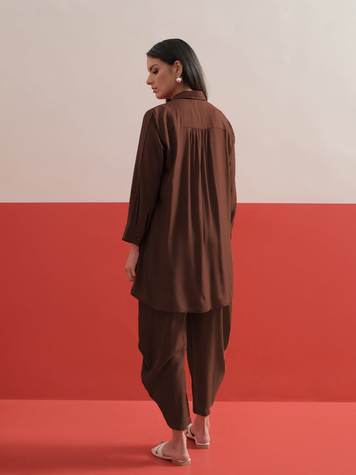 Women Brown Embroidered Hi-Low Shirt With Balloon Pants