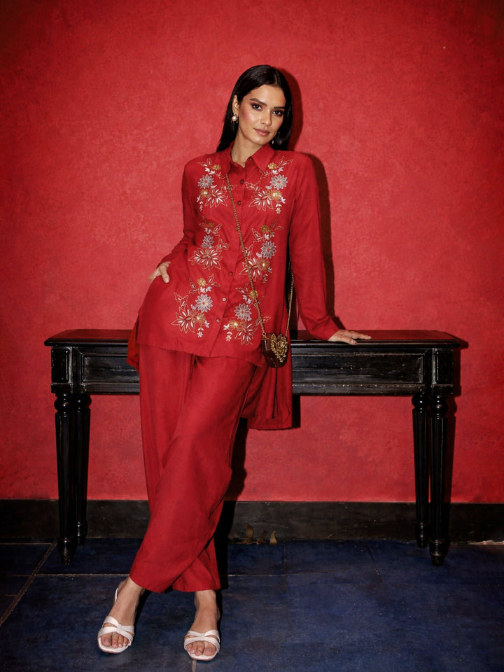 Women Red Embroidered Hi-Low Shirt With Balloon Pants