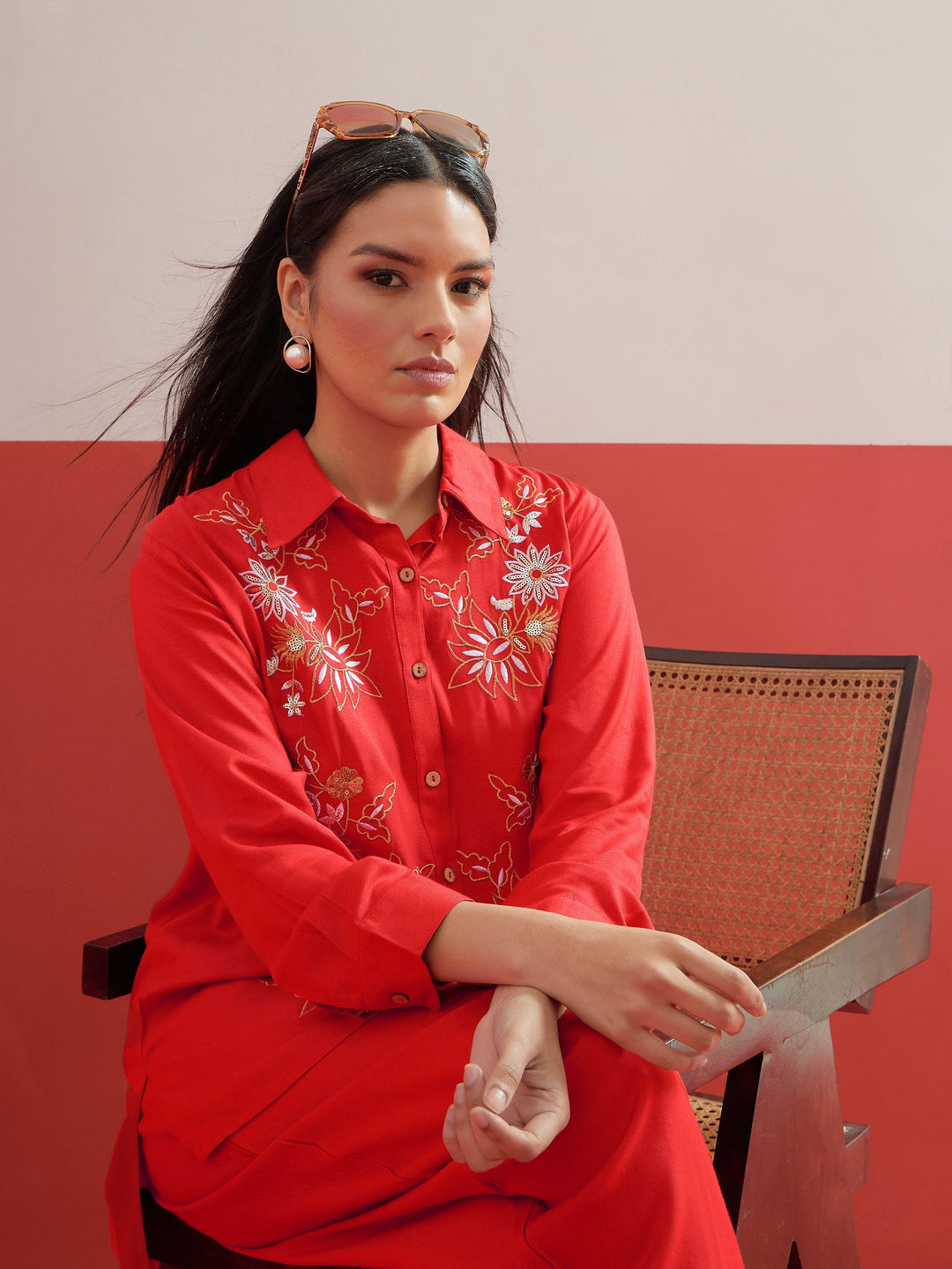 Women Red Embroidered Hi-Low Shirt With Balloon Pants
