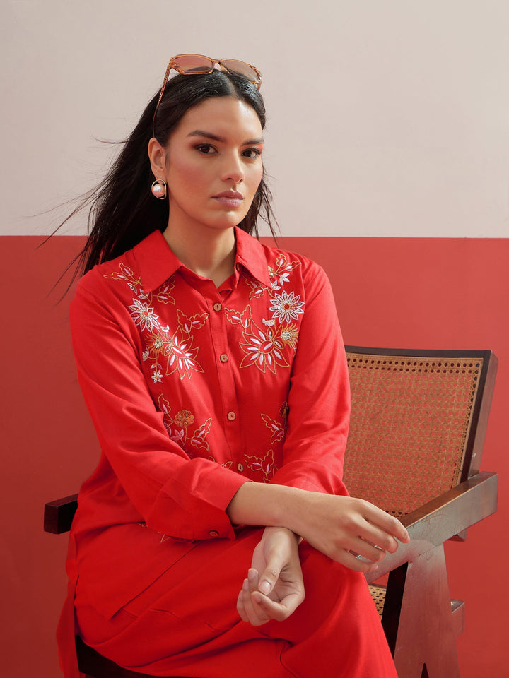 Women Red Embroidered Hi-Low Shirt With Balloon Pants