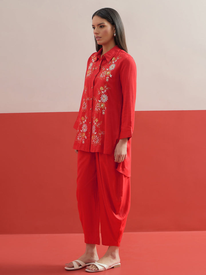 Women Red Embroidered Hi-Low Shirt With Balloon Pants