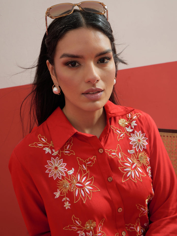 Women Red Embroidered Hi-Low Shirt With Balloon Pants