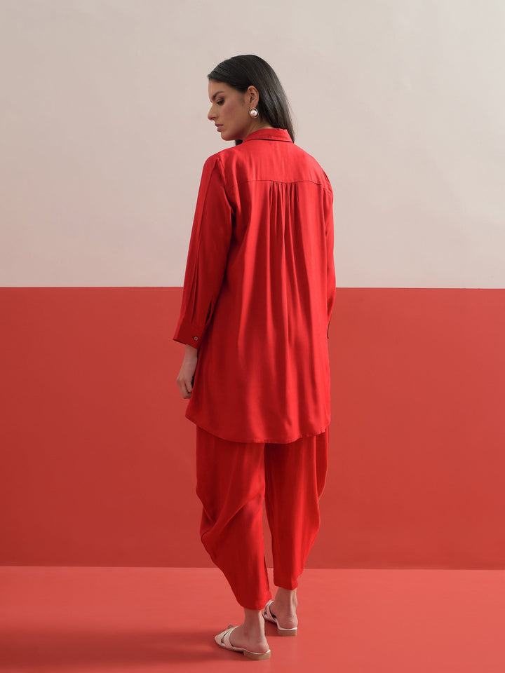 Women Red Embroidered Hi-Low Shirt With Balloon Pants