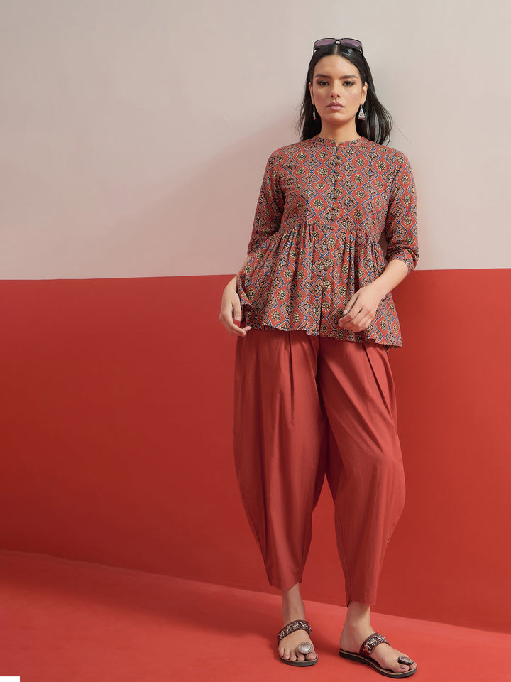 Women Maroon Geometric Peplum Top With Balloon Pants