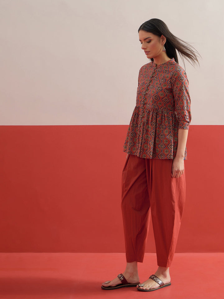 Women Maroon Geometric Peplum Top With Balloon Pants