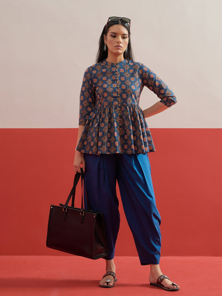 Women Blue Floral Geometric Peplum Top With Balloon Pants