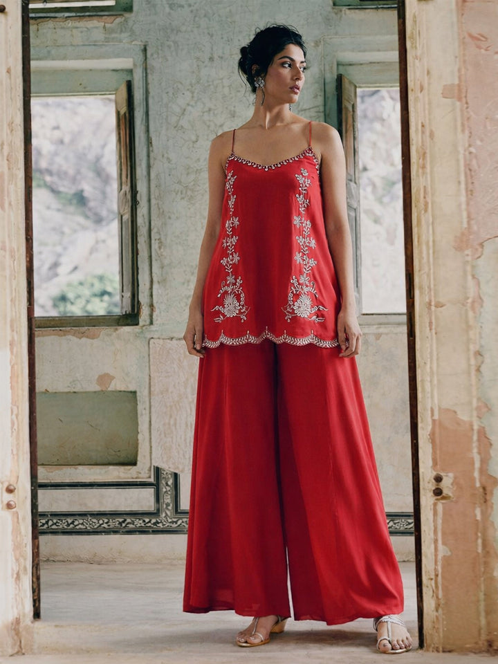 Women Red Embroidered Strappy Top With Palazzos