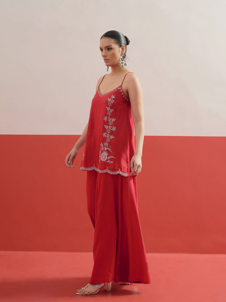Women Red Embroidered Strappy Top With Palazzos
