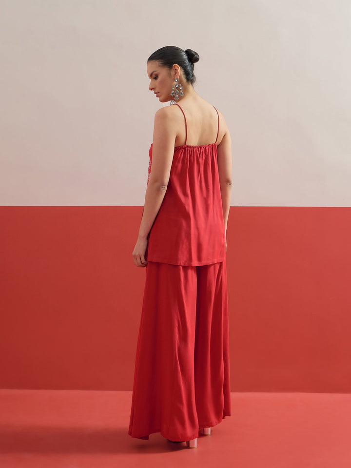 Women Red Embroidered Strappy Top With Palazzos