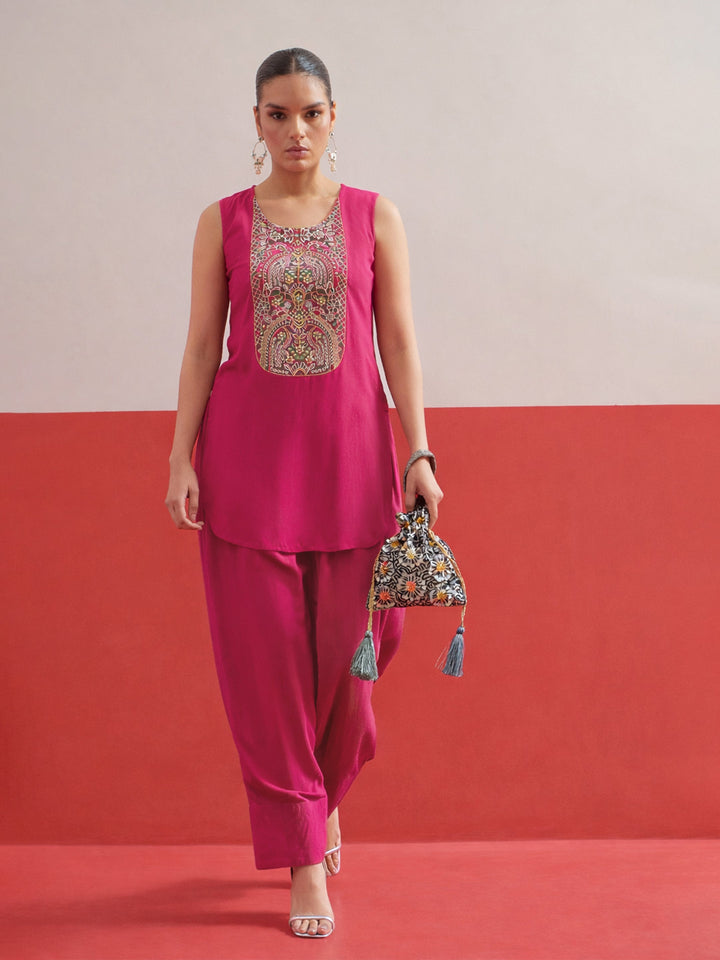 Women Fuchsia Embroidered Short Kurti With Pharsi Salwar