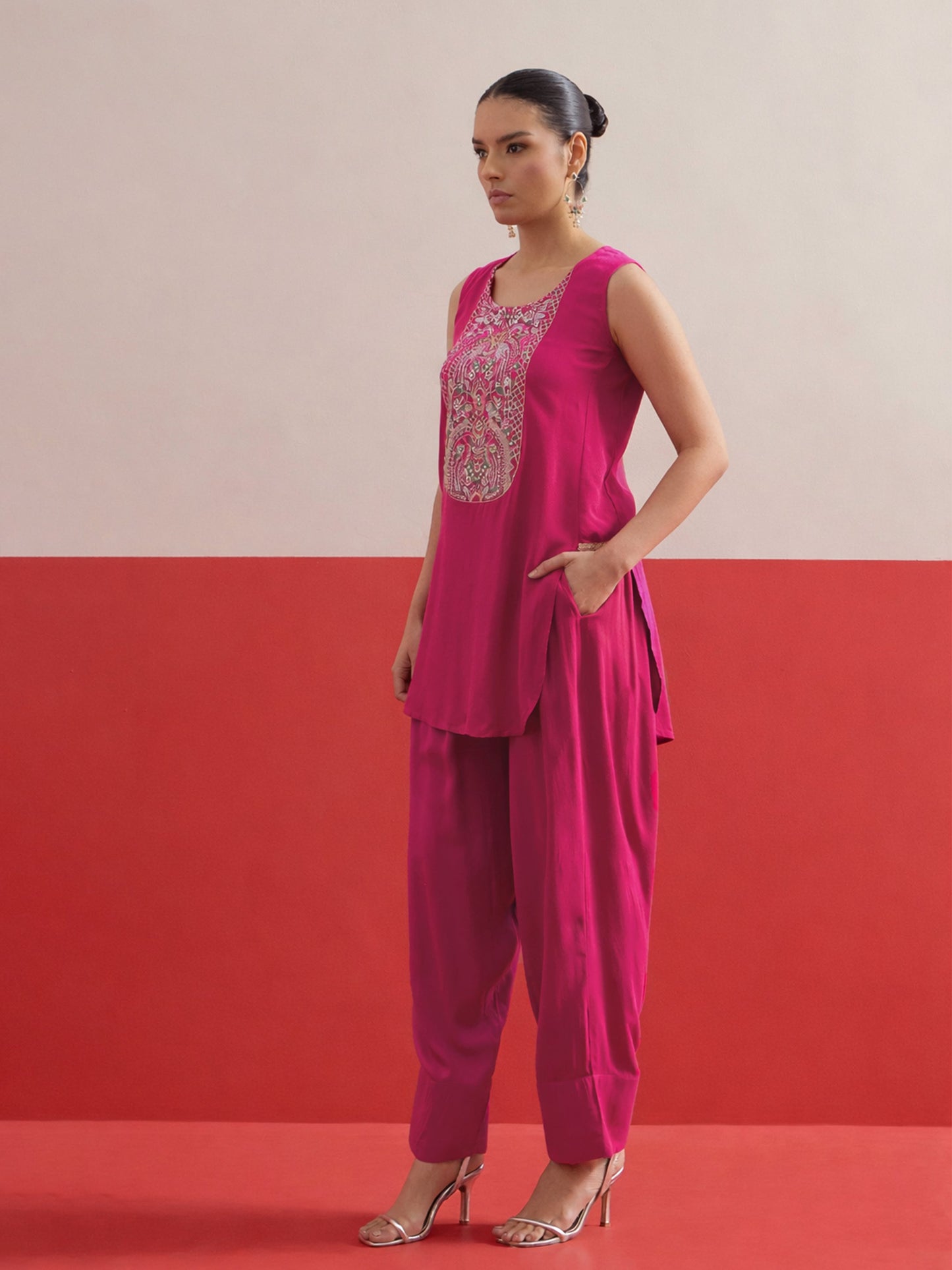 Women Fuchsia Embroidered Short Kurti With Pharsi Salwar