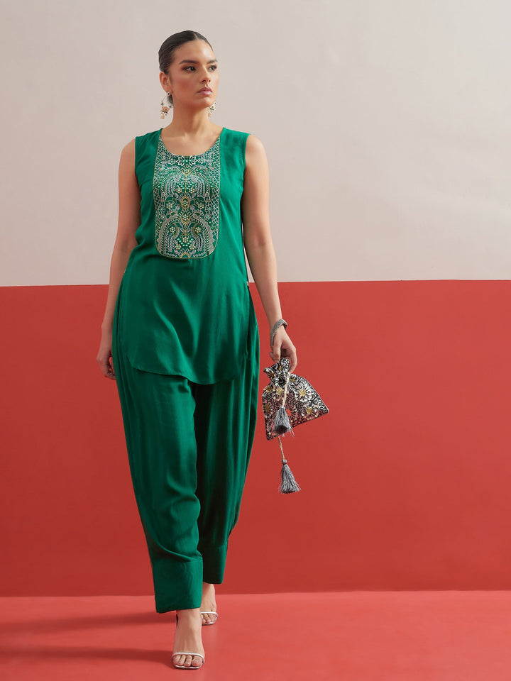 Women Green Embroidered Short Kurti With Pharsi Salwar