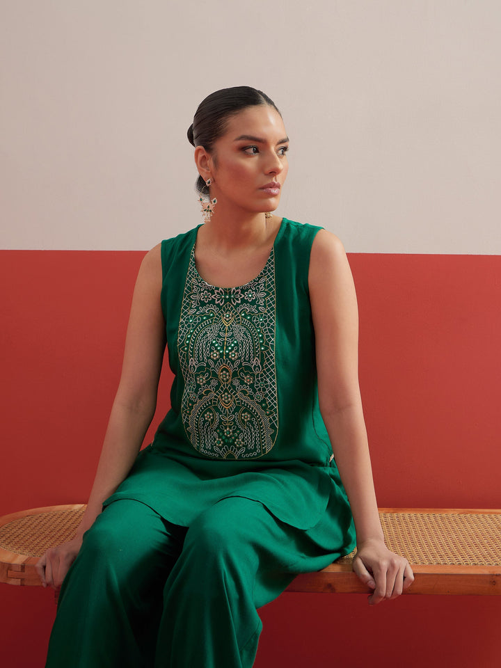 Women Green Embroidered Short Kurti With Pharsi Salwar