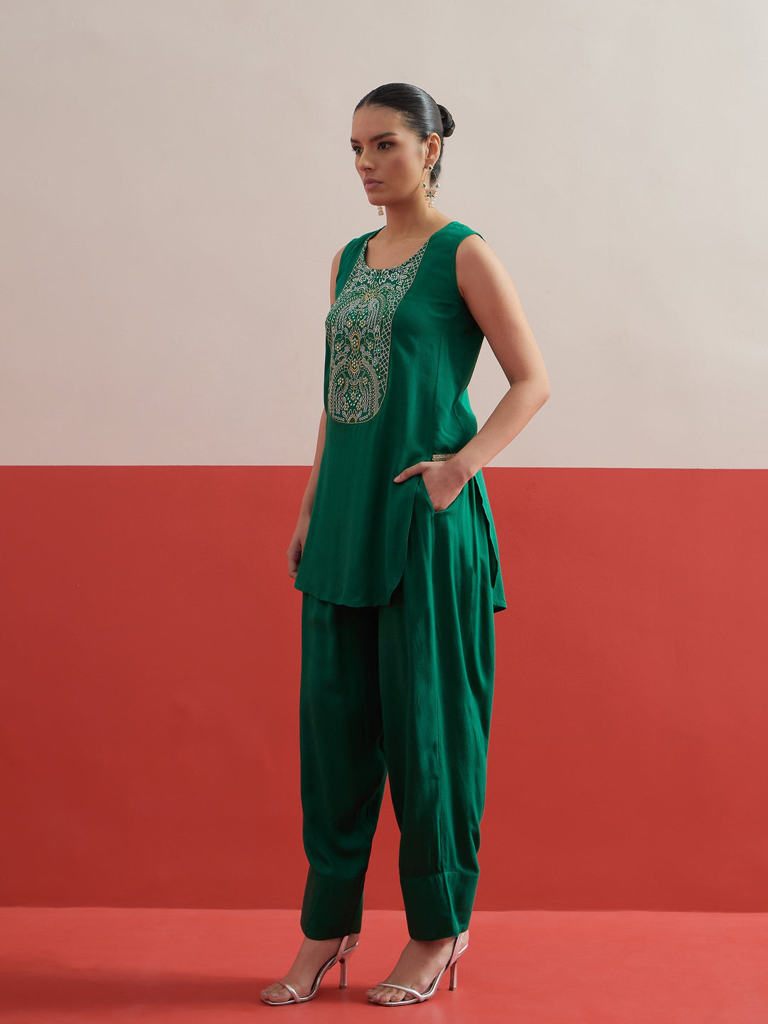 Women Green Embroidered Short Kurti With Pharsi Salwar