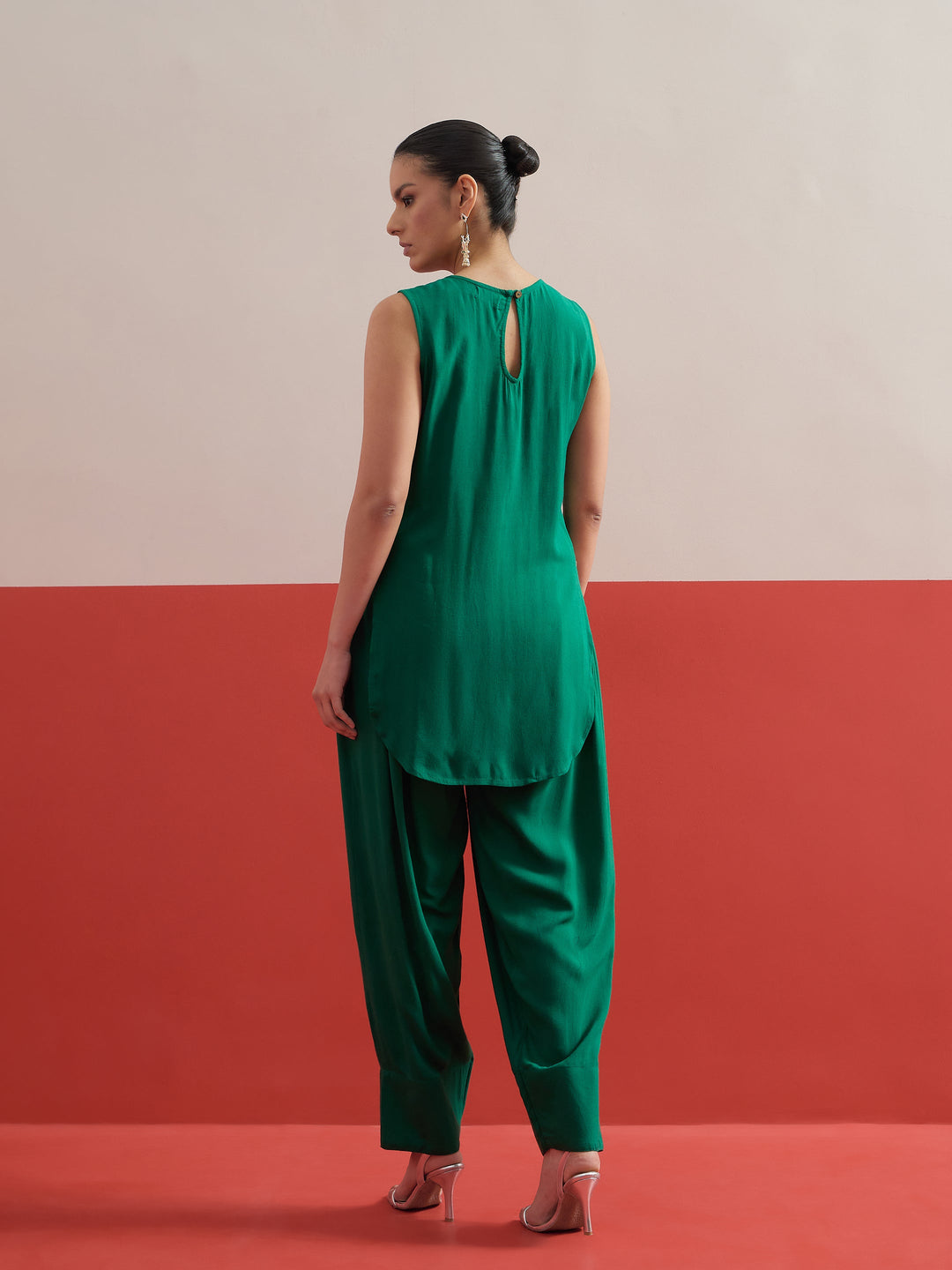Women Green Embroidered Short Kurti With Pharsi Salwar