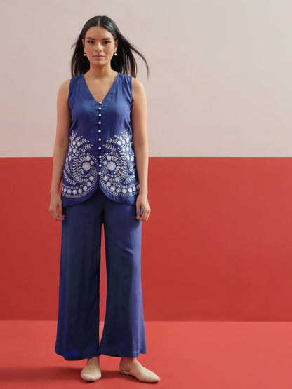 Women Blue Embroidered Sleeveless Button Down Top With Palazzos