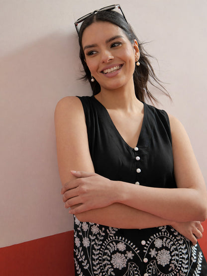 Women Black Embroidered Sleeveless Button Down Top With Palazzos