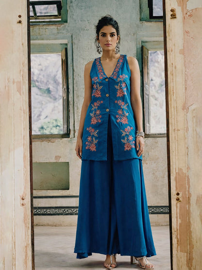 Women Blue Embroidered Front Button Top With Palazzos