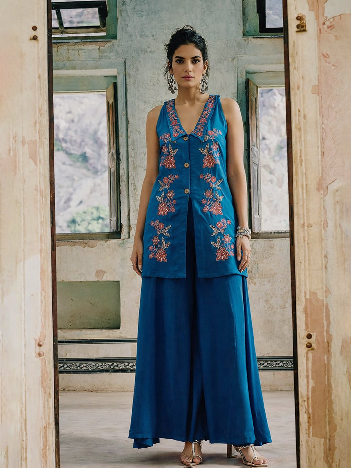 Women Blue Embroidered Front Button Top With Palazzos