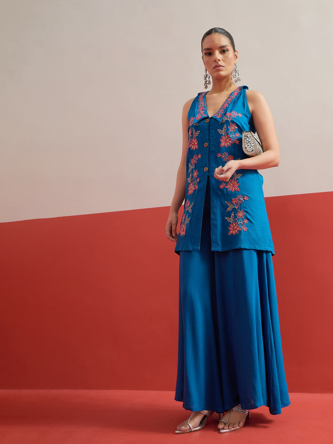 Women Blue Embroidered Front Button Top With Palazzos