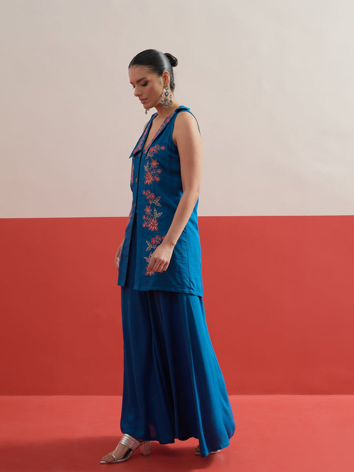 Women Blue Embroidered Front Button Top With Palazzos