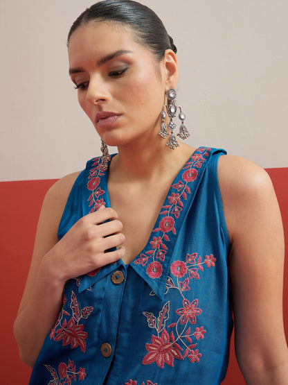 Women Blue Embroidered Front Button Top With Palazzos