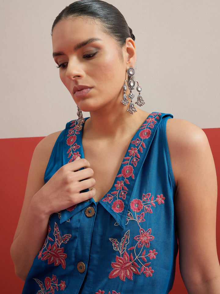 Women Blue Embroidered Front Button Top With Palazzos