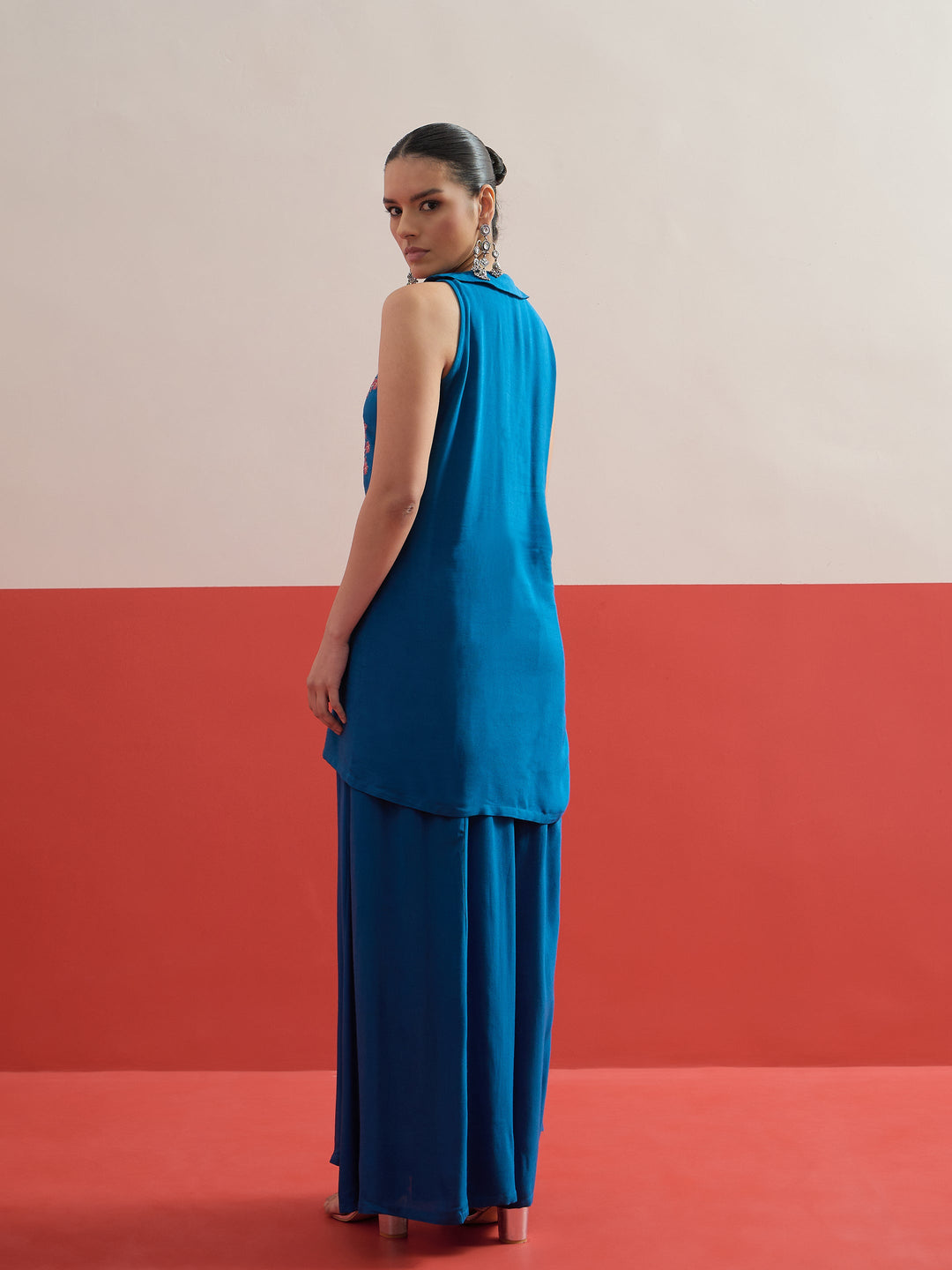 Women Blue Embroidered Front Button Top With Palazzos