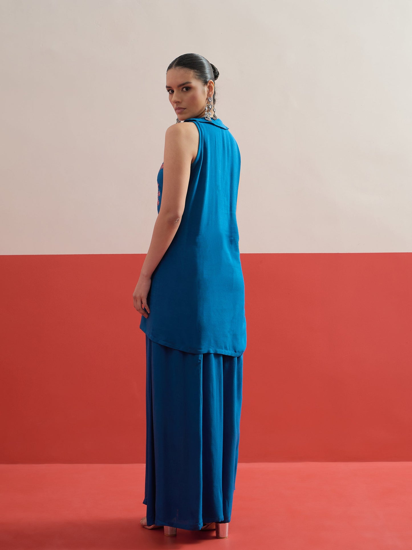Women Blue Embroidered Front Button Top With Palazzos