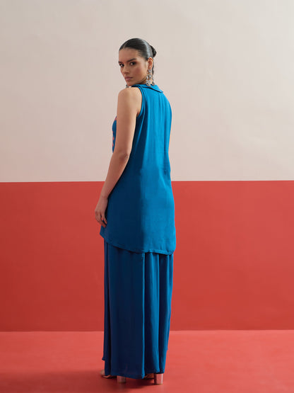 Women Blue Embroidered Front Button Top With Palazzos