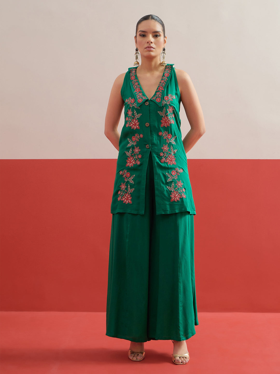 Women Green Embroidered Front Button Top With Palazzos